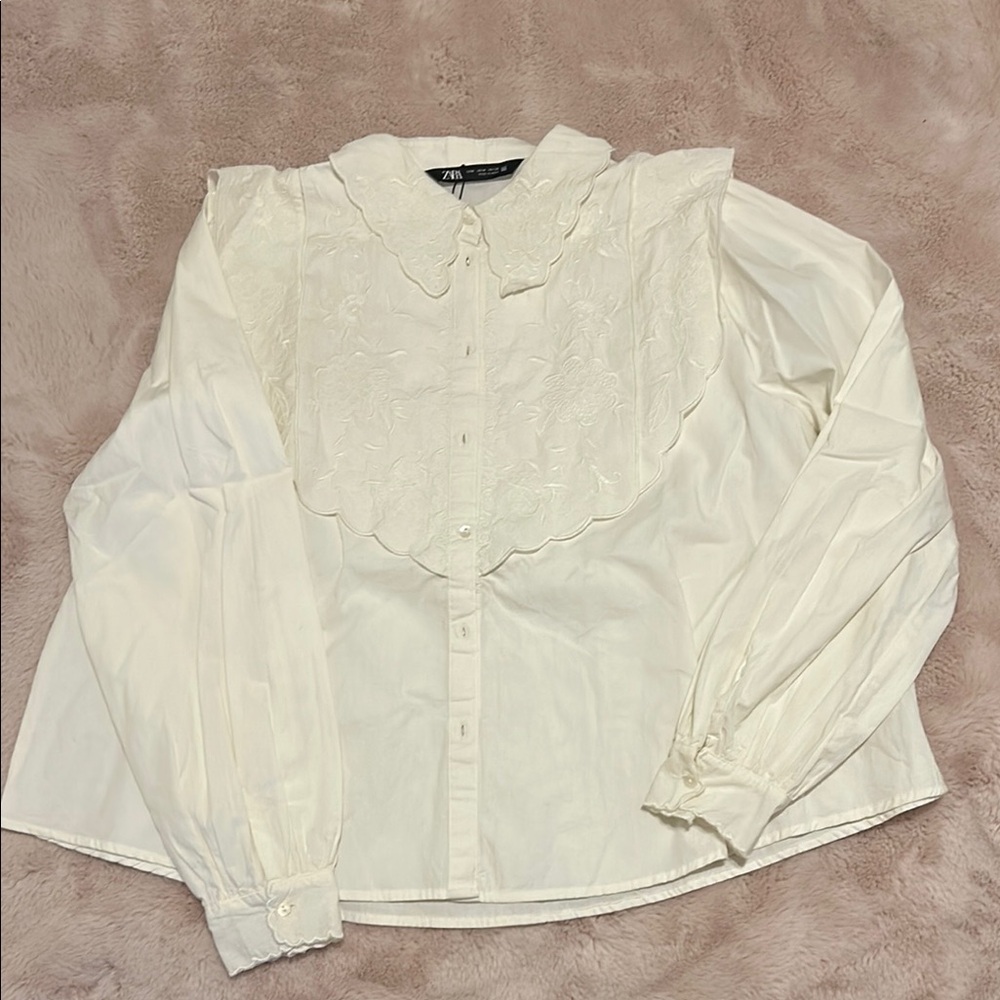 Zara Cream Long Sleeve Blouse with Ruffled Details